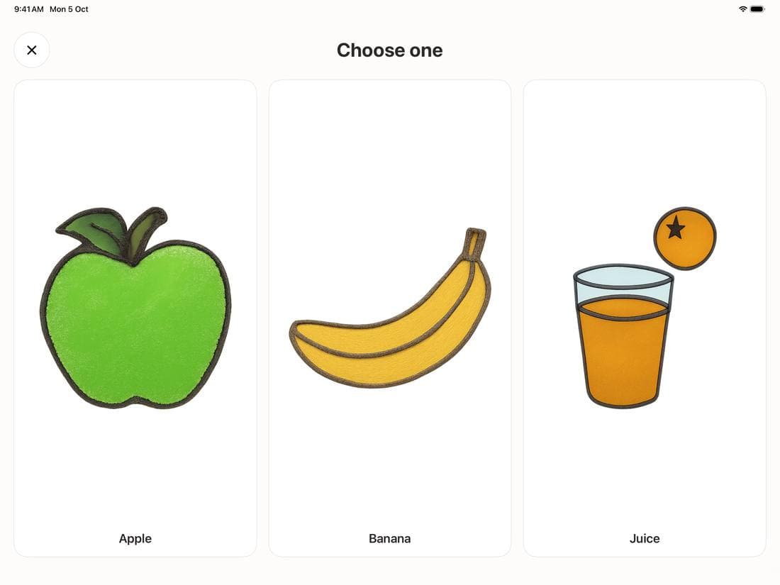 An Autipal choice board: big pictures of an apple, a banana and a glass of juice