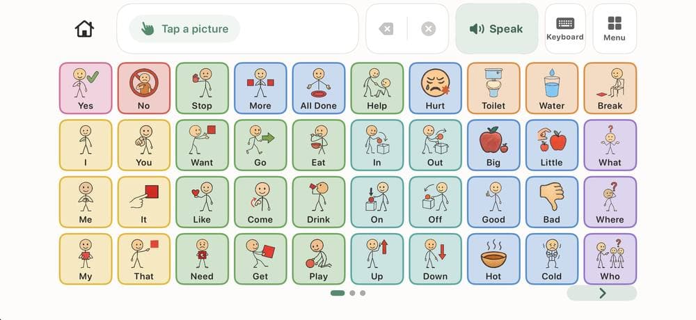 Autipal Communication Board on iPhone: a colour-coded grid of picture tiles with a Speak button